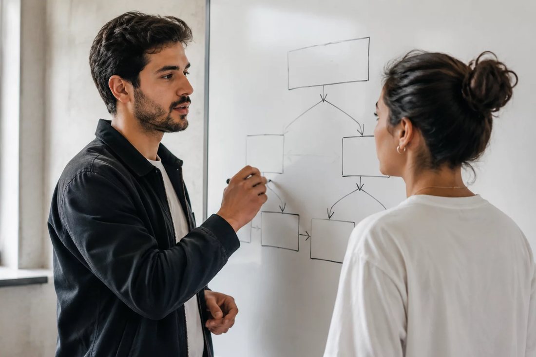 Duas pessoas diante de um quadro branco com a armação de um argumento rabiscada
