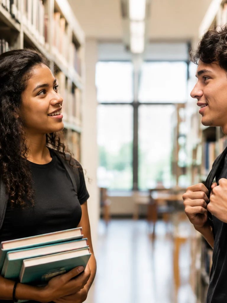 Duas participantes conversando de pé no corredor entre prateleiras de livros